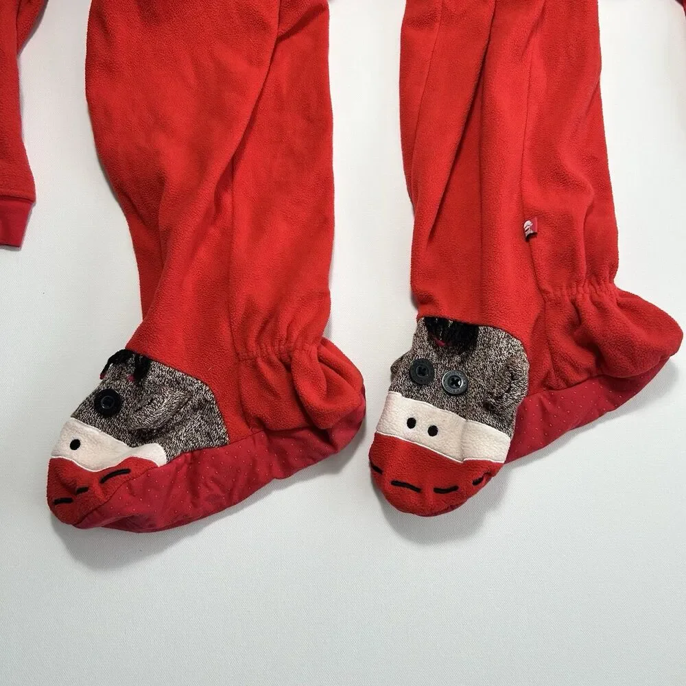 Sock Monkey Footie Fleece Adult Pajamas Pockets Zip Red Animal Sleepwear Large